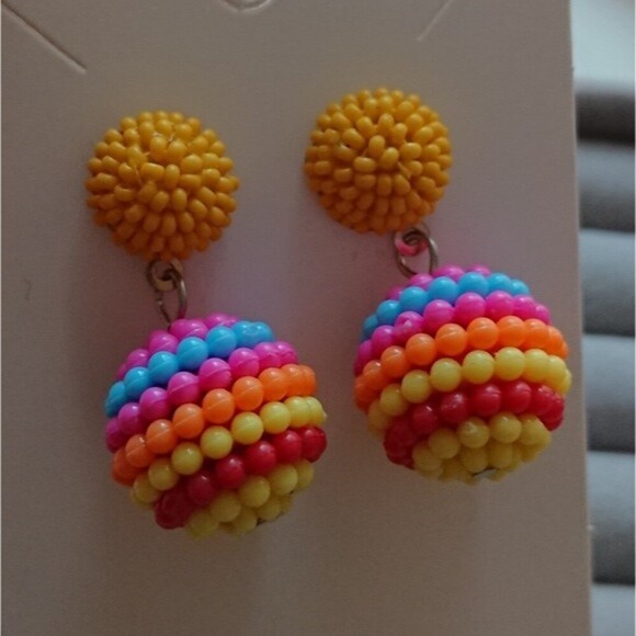 Seed Beaded Ball Drop Earrings - yellow/pink/yellowcolor combo - Picture 1 of 5